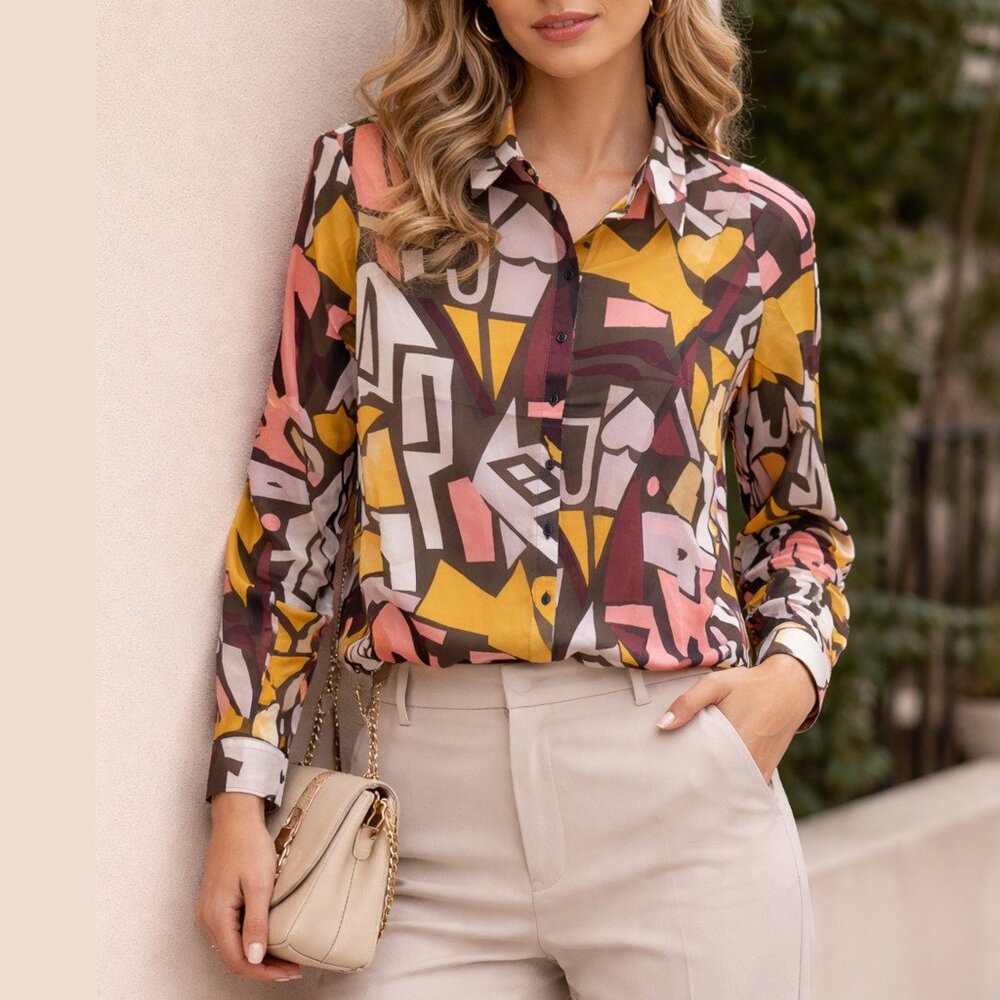 DR Dressin Women’s Button-Up Blouse – Multi Abstract Print – Size L – NWT